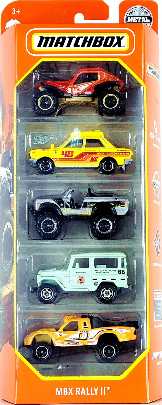 Matchbox MBX Rally II 2022 paquete de 5 | Datsun 510 Lamley | Scout | Land Cruiser